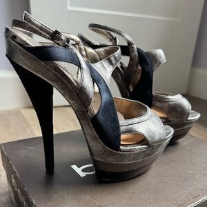 Bebe Metallic and Black Strappy Heels
